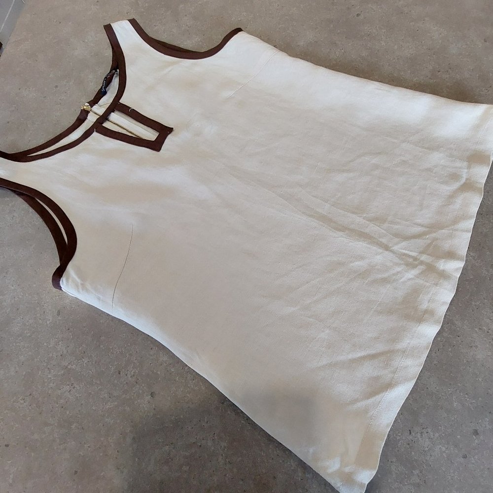 SHERRY TAYLOR Women's Cream Sleeveless Top w/Brown Trim & Back Zipper - Medium